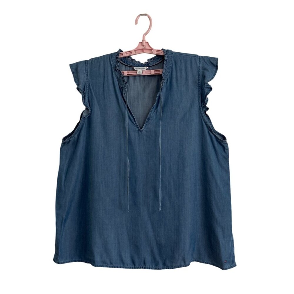 Tommy Hilfiger Womens Blue Sleeveless Ruffle Trim Lyocell Blouse XXL Beachy - Picture 1 of 8
